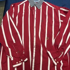Red and White Striped Button-Up Shirt